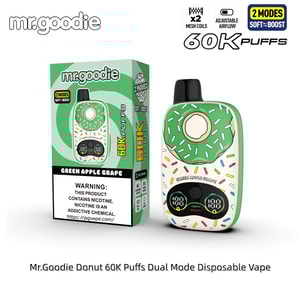 Donut-isad engångsvape med grönt strössel, dual-mode 60K puffar; smak Grön äppeldruva, visad med sin ask.