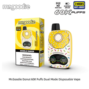 Mr. Goodie Donut 60K Puffs dual-mode engångsvape i en gul munkdesign med strössel, som visas bredvid dess matchande låda.