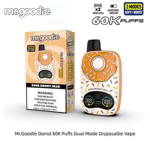 Munkformad engångsvape från Mr.Goodie med orange glasyr och strössel, Sour Gummy Bear, 60K puffar, dual-mode.