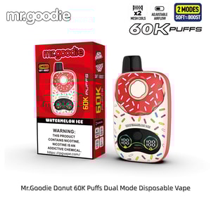 Mr. Goodie munkformad engångsvape med röd glasyr och strössel, 60K puffar, dual-mode, visad med Watermelon Ice box.