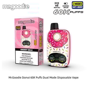 Rosa engångsvape med munktema med strössel, Cherry Cola-smak, visas bredvid den matchande rosa lådan.