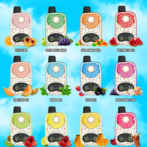 Färgglada mr.goodie vape-enheter arrangerade i ett rutnät, var och en med en munkformad topp och 12 smaker.