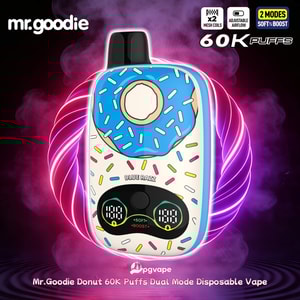 Mr. Goodie munkformad engångsvape med blå glasyr och strössel, blå razz-smak, 60K puffar, dubbelläge.