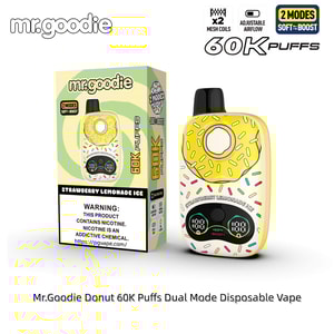 Munkformad Mr. Goodie engångsvape med gul frosting och strössel, svart munstycke, 60K puffar dual-mode, Strawberry Lemonade Ice.