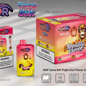 Jasnoróżowo-żółte jednorazowe pudełko na vape UOR Twins 80K z maskotką małpy, różową butelką i smakiem Strawberry Banana.