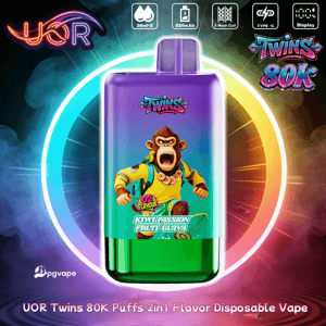 UOR Twins 80K engångsvape, lila och grön, med en tecknad apa; Kiwi Passion Fruit Guava-smak.