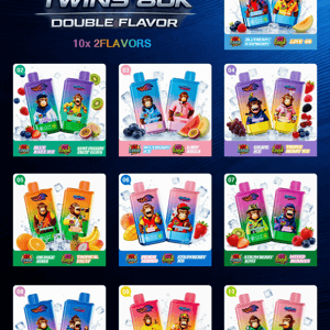Promocja UJR Twins 80K Double Flavour przedstawiająca dziesięć par smaków, każda z dwoma torebkami soku i obrazami owoców na niebieskim tle z gradientem.