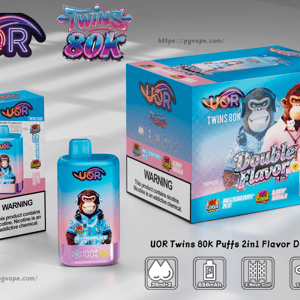 Waporyzator jednorazowy UOR Twins 80K Puffs 2w1 Flavour w niebiesko-różowym opakowaniu, maskotki małpy i goryla, Blueberry Ice