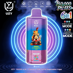 Lila UZY engångsvapeflaska märkt med 6-i-1 smaker Strawberry Kiwi med en krönt apa-grafik och neonringar.