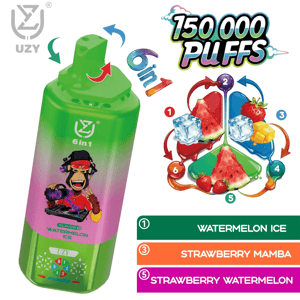 Grönrosa gradient 6-i-1 vapeflaska med en DJ-grafik märkt Watermelon Ice, bredvid en sex-smaktabell.