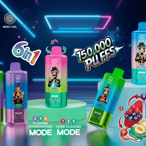 Rad med regnbågsfärgade vapeflaskor med tecknade apaetiketter på en neon futuristisk scen, centrerad av en rosa flaska på en piedestal.