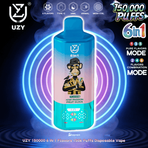 Blå UZY 6 i 1 engångsvapeflaska med Kiwi Passion Fruit Guava-smak, omgiven av koncentriska neonringar.