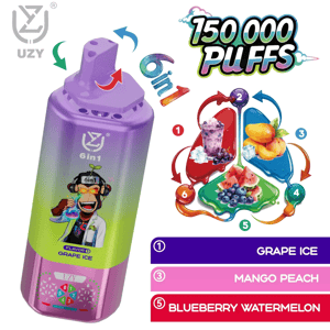 Lila gradient UZY 6-i-1 flaska med tecknad apa på etiketten, druvglassmak, bredvid ett frukthjul med sex smaker.