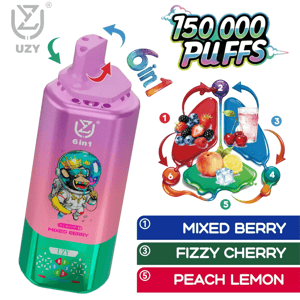 Rosa UZY 6-i-1-flaska märkt Mixed Berry med en tecknad astronaut, bredvid en ljus 150000 puff-grafik och en tre-smakstabell.