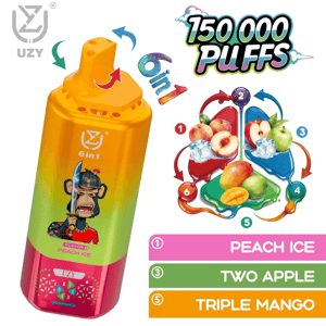 Regnbågsgradient UZY 6in1 Peach Ice vapeflaska med en tecknad pansarapa; bredvid en 150 000 puffar grafik och smaklista Peach Ice, Two Apple, Triple Mango.