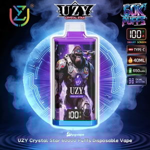 UZY Crystal Star 60000 puffs disposable vape bottle with a purple cap and an armored gorilla on the label.