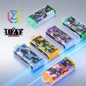 Six UZY Crystal Star power banks with colorful hero graphics and transparent caps, arranged diagonally.