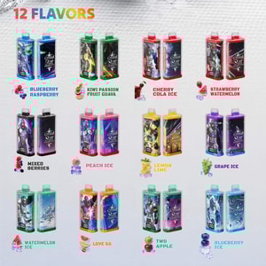 Twelve colorful vape juice bottles arranged in a grid, each labeled with a different fruit flavor.