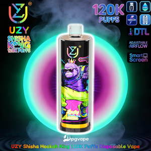 Färgglad engångspenna med en krönt lila gorillagrafik och texten Lady killa, med UZY-logotypen och 120K Puffs.