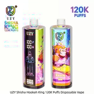 Två UZY Shisha King 120K Puffs engångsvapor med färgglad tecknad konst; till vänster visar en neonfigur, till höger en krönt apa.