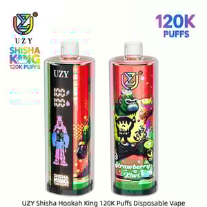 Two UZY Shisha King 120K Puffs disposable vapes with artwork: left cartoon figures on black, right graffiti fruit design.
