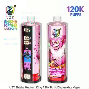 Två rosa UZY engångsvapor; vänster har en svart digital panel, höger har en rosa gorilla och Strawberry Watermelon.