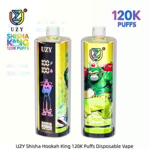 Två UZY Shisha King 120K Puffs engångsvapes med ljus konst; vänster neonfigur på svart, högergrön krönt gorilla.