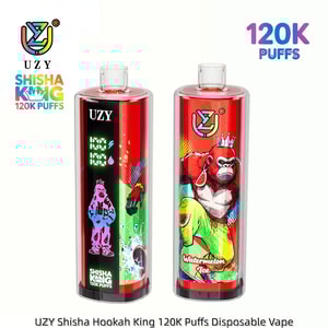 Two red UZY disposable vape pens with bold graphics; left shows a digital display, right a crowned gorilla with Watermelon Ice.