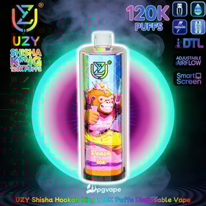 Hög engångsvapeapparat med en färgglad tecknad apa på etiketten, Peach Ice-smak, UZY Shisha King, 120K puffar