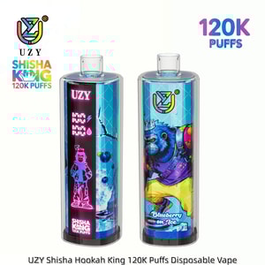 Two UZY disposable vapes with bright artwork; left shows a neon figure and display, right features a blue crowned gorilla.
