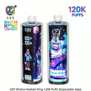 Två engångs vape-enheter med ljus tecknad konst; vänster visar UZY-märke, höger har en krönt blå gorillaetikett.