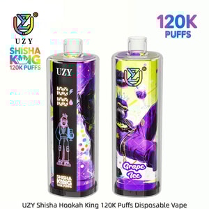 Två UZY Shisha King 120K Puffs engångsvape-enheter med levande tecknade konstverk.