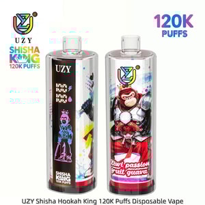 Two UZY Shisha King disposable vape pens, each labeled 120K puffs; left shows a neon figure with a digital display, right features an armored monkey and the Kiwi passion fruit guava flavor.