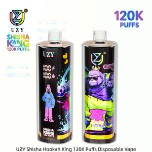 Två svarta UZY Shisha King vape-pennor med neonkonstverk; vänster visar en astronaut, till höger en krönt gorilla med 'Lady Killer'.