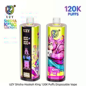 Two neon-green UZY Shisha King 120K Puffs disposables; left has a black panel with a crowned figure, right shows a pink monkey in bright attire.
