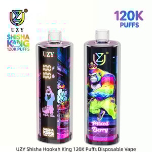 Two UZY Shisha King 120K Puff disposables; left shows neon city art, right features a rainbow monkey with Mixed Berry.