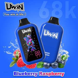 Two blue Uwin vape bottles with black caps; the front bottle shows a colorful cartoon on its screen amid raspberries and blueberries with water splashes—Blueberry Raspberry flavor.