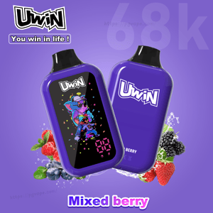 Two purple Uwin bottles, one with a colorful graphic display, the other with the Uwin logo, surrounded by mixed berries.