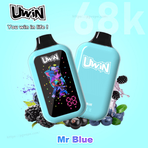 Two Uwin Mr Blue vape devices; one shows colorful cartoon art, the other the Uwin logo, with berries around blue background.