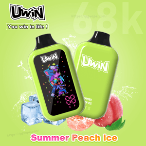 Two lime Uwin devices, one with a colorful cartoon screen, surrounded by ice cubes and peach slices.