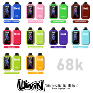 Colorful grid of UWIN disposable vape devices in bright housings, each showing flavor names like Blueberry Raspberry, Watermelon Ice, Strawberry Kiwi, Cherry Ice.