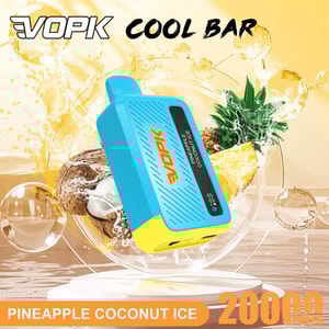 Klarblå rektangulär vape-enhet med en gul bas märkt Pineapple Coconut Ice, ställd mot tropisk ananas och kokosnötsbilder med 2000 puffar.