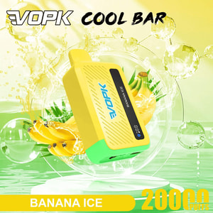 Gul engångsvapeapparat med grön bas, Banana Ice-smak, visad med fruktgrafik och 2000 puffar.