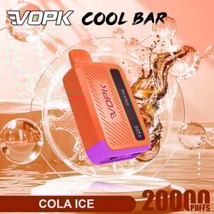 VOPK Cool Bar Cola Ice engångsvape i orange med lila bas, visad med en stänkig bakgrund och 20 000 puffar.