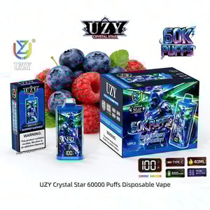 UZY Crystal Star 60000 Puffs disposable vape in Blueberry Raspberry flavor, blue device with bold packaging.