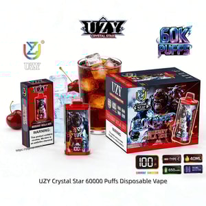 UZY Crystal Star disposable vape in Cherry Cola Ice flavor with a red device and packaging featuring 60K Puffs graphics.