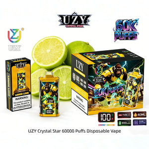 UZY Crystal Star 60K Puffs Lemon Lime disposable vape with gorilla artwork, shown with its box and lemon slices.
