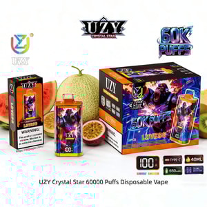 Färgglada UZY Crystal Star 60000 Puffs vape-kit för engångsbruk med djärva konstverk, bredvid skivade meloner och annan frukt.