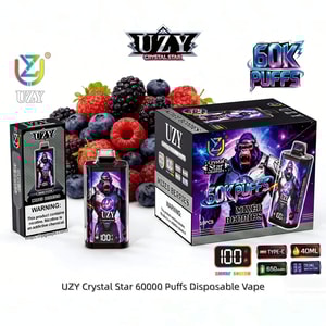 UZY Crystal Star 60000 Puffs mixed berries disposable vape with berry background and colorful packaging.