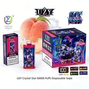 UZY Crystal Star Peach Ice engångsvapeförpackning med persikabild, rosa-blå askar och 60 000 puffar.